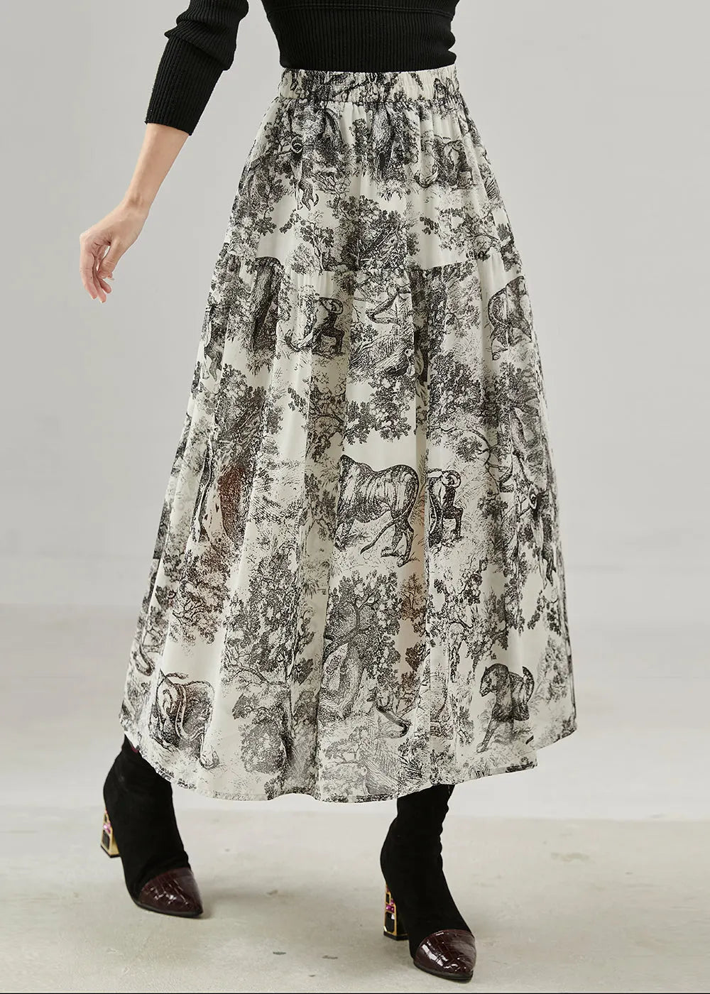 Black Print Cotton a Line Skirts Spring