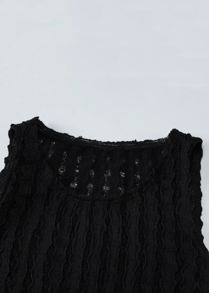 Slim Fit Black O Neck Hollow Out Knit Tanks Sleeveless