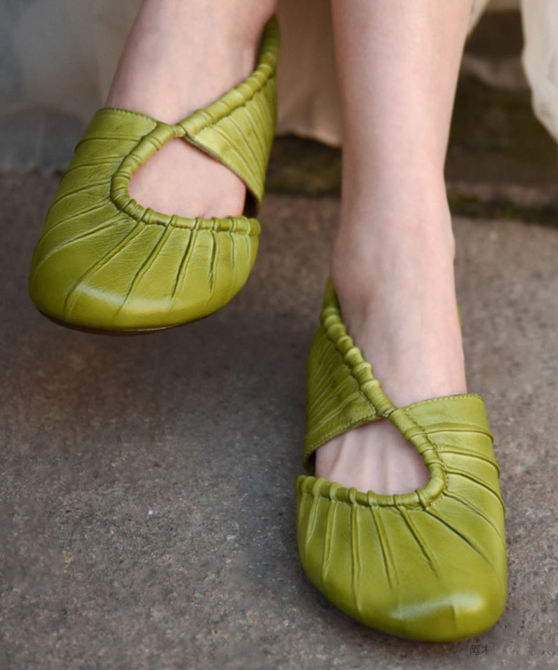 Hollow Out Splicing Chunky Flat Sandals Green Cowhide Leather