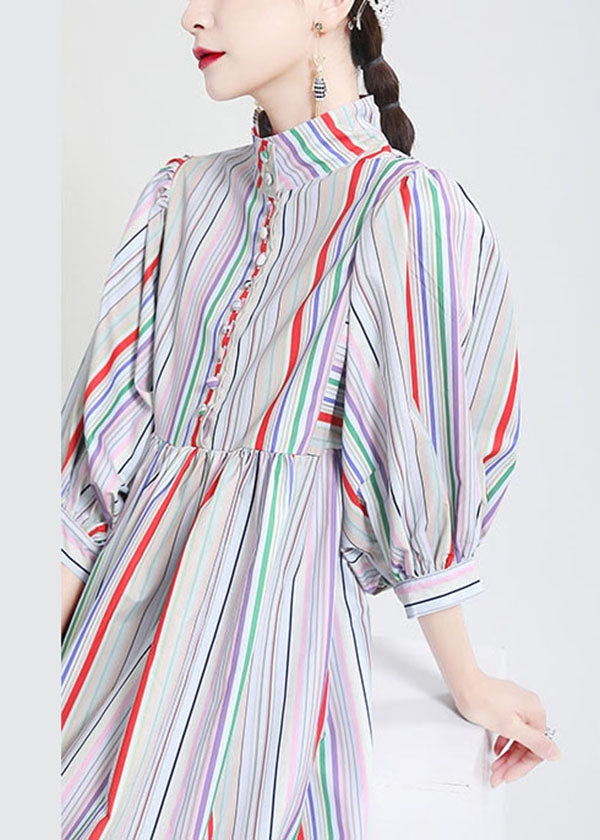 Stand Collar Multi Striped Puff Sleeve Cotton Party Dress