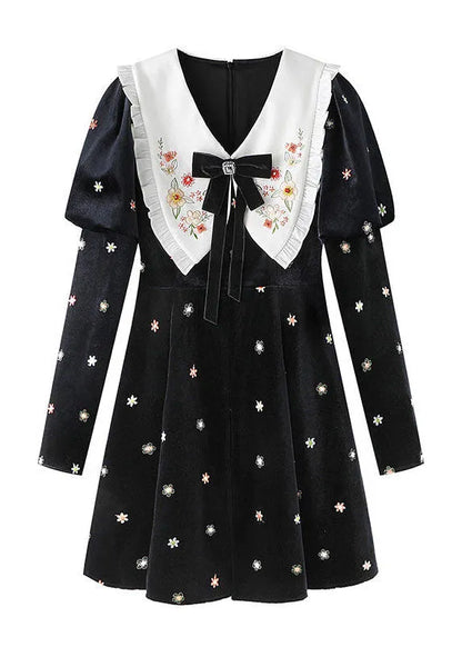 Diy Black Bow Collar Embroideried Silk Velour Dresses Spring