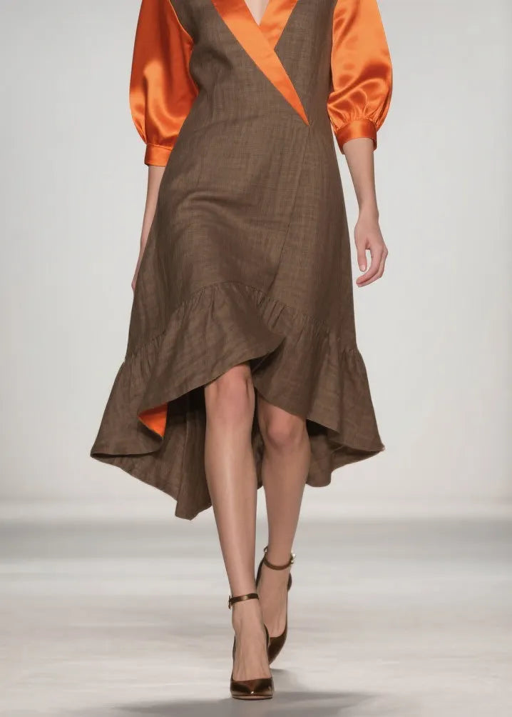 V Neck Ruffled Silk Patchwork Cotton Dresses Summer