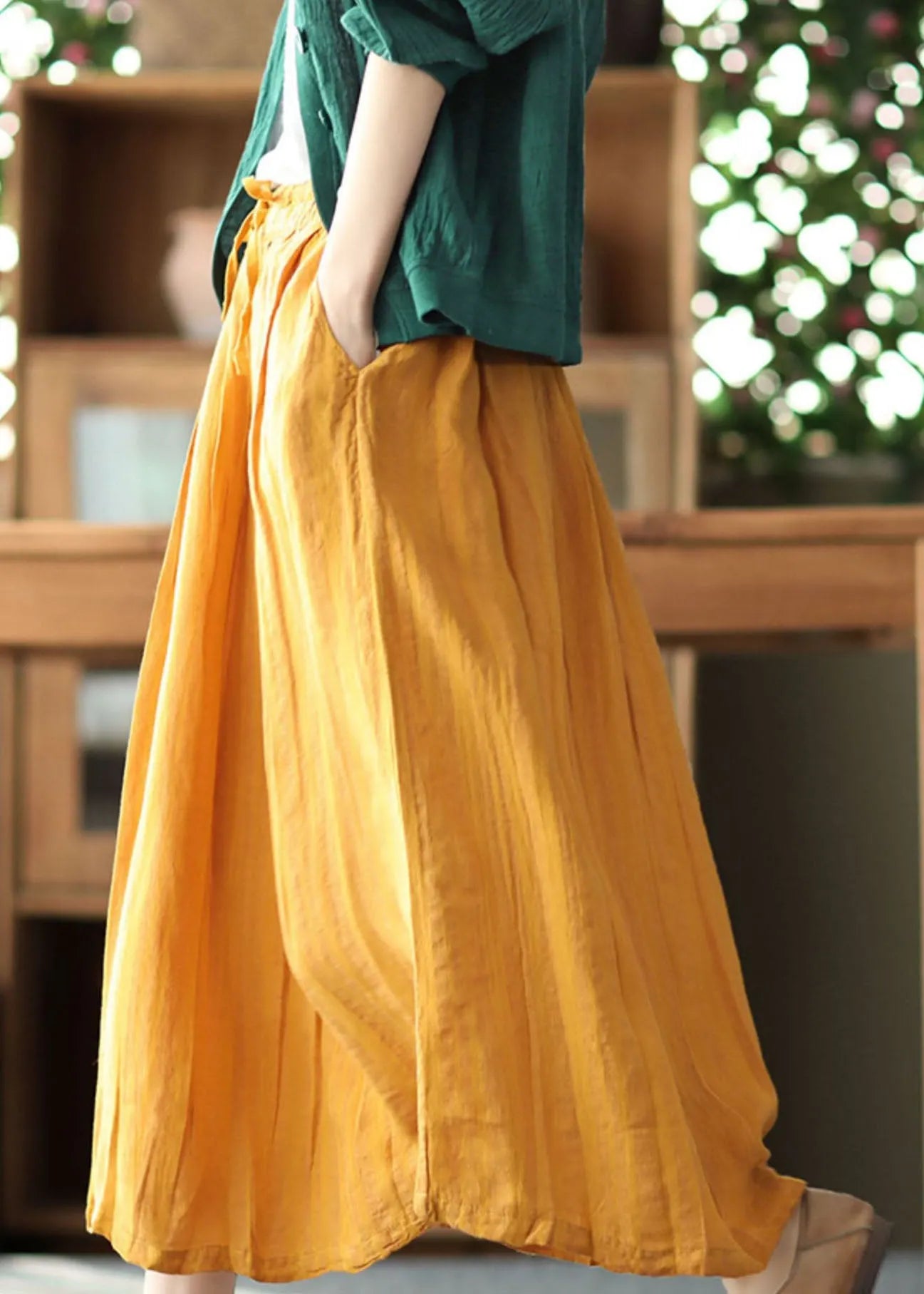 Yellow Elastic Waist Wrinkled Linen Skirt Summer