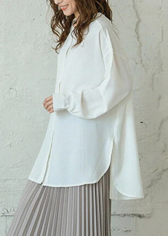 White Stand Collar Button Side Open Low High Design Shirt Long Sleeve