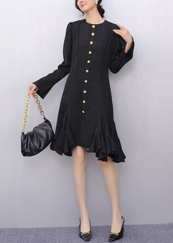 Original Black O-neck Button Long Dresses Flare Sleeve Spring