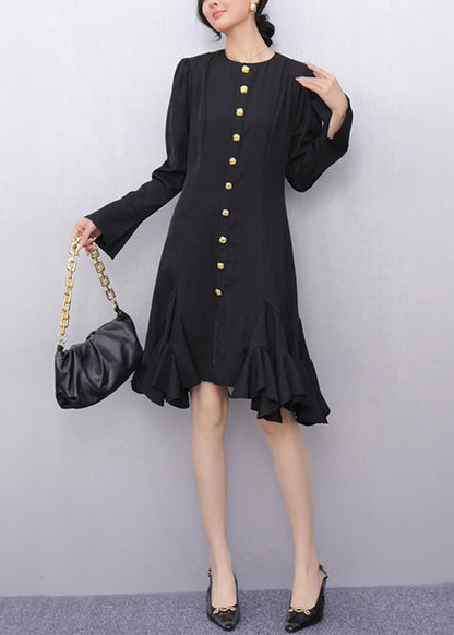 Original Black O-neck Button Long Dresses Flare Sleeve Spring