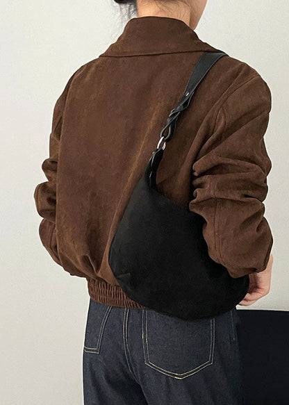 Chocolate Zip Up Pockets Patchwork Faux Suede Coat Long Sleeve