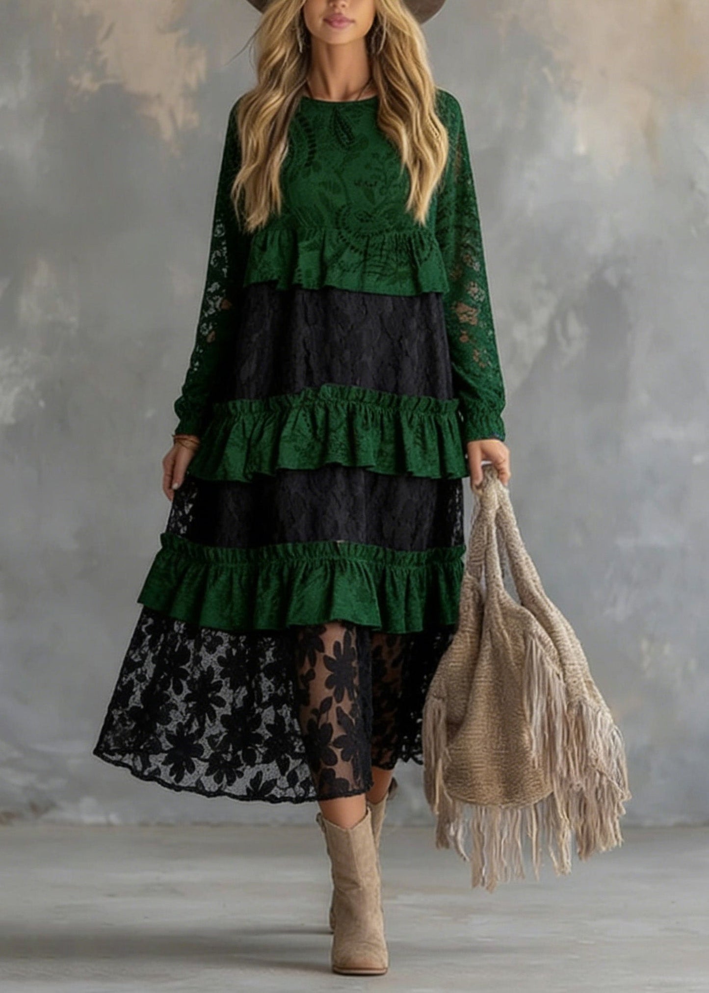 Fitted Green O Neck Ruffled Lace Atchwork Cotton Dress Spring