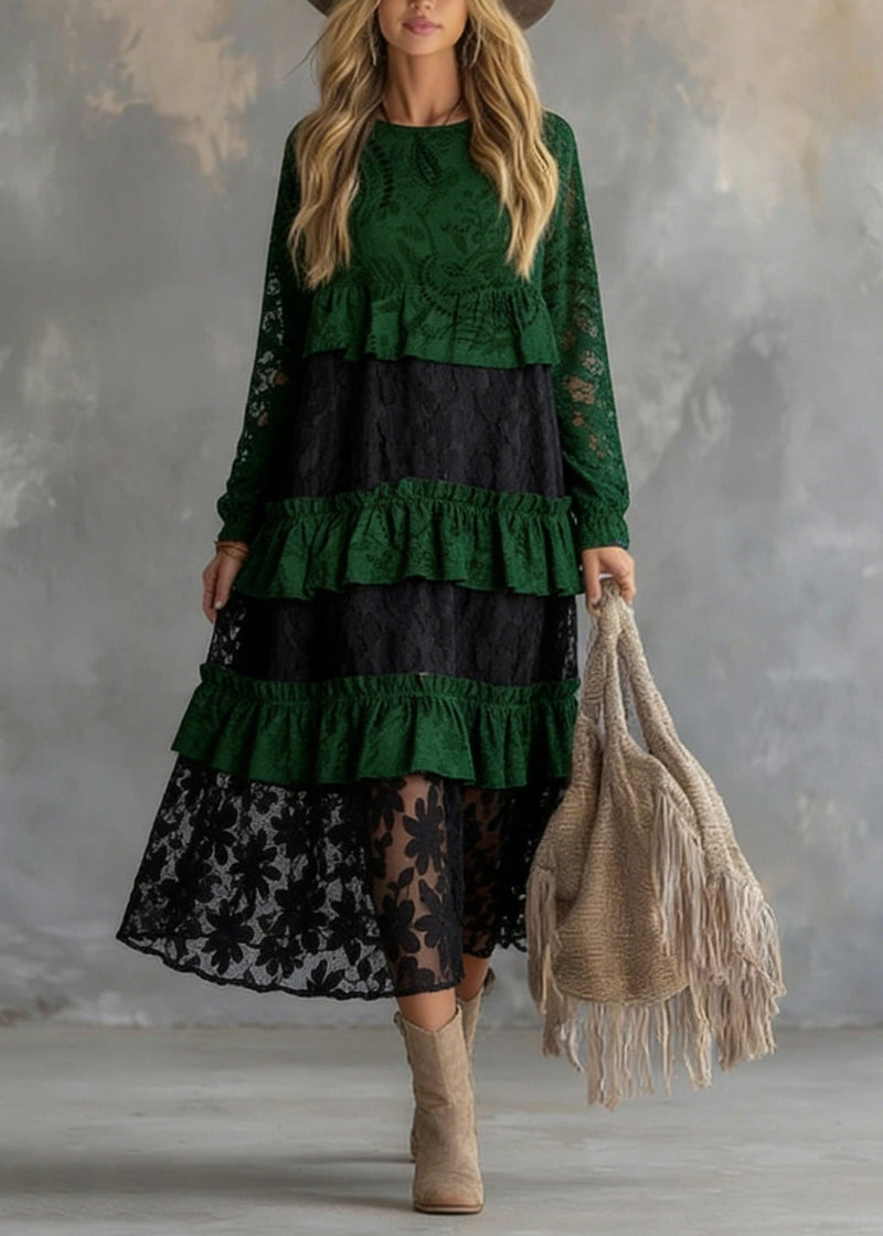 Fitted Green O Neck Ruffled Lace Atchwork Cotton Dress Spring