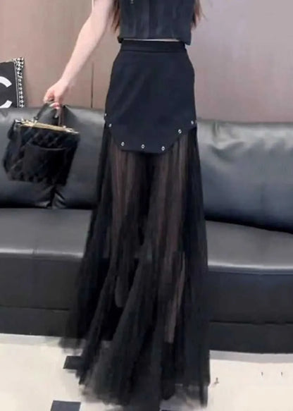 Slim Fit Black High Waist Patchwork Tulle Skirt Summer