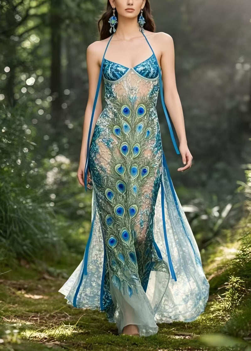 Peacock Blue Print Hollow Out Chiffon Holiday Sundress