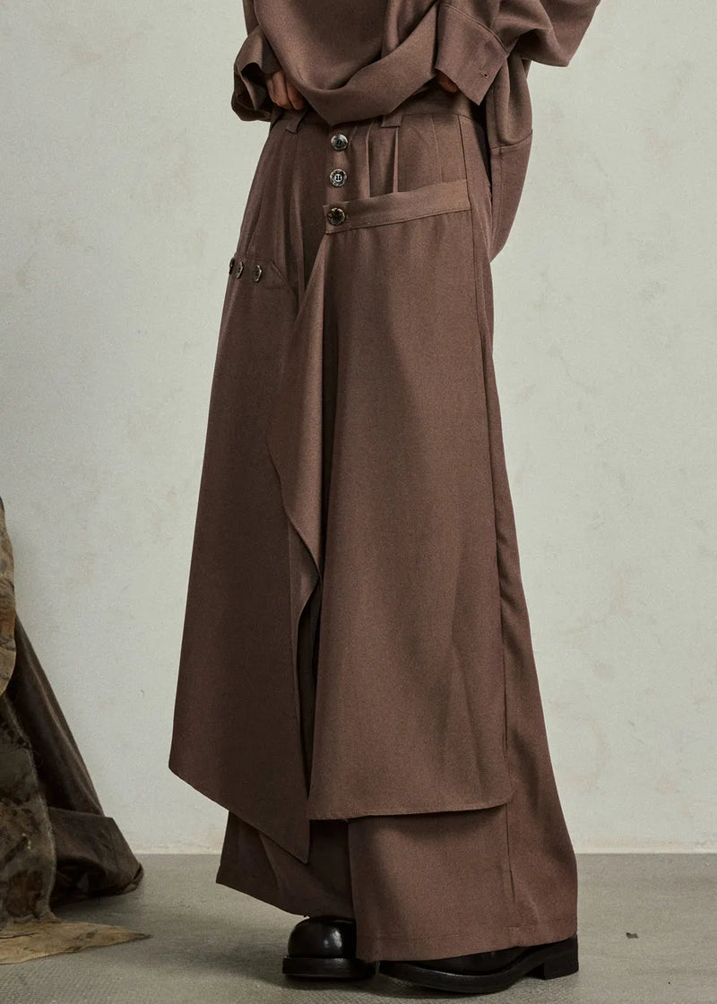 Coffee Pockets High Waist Cotton Pants Skirt Asymmetrical
