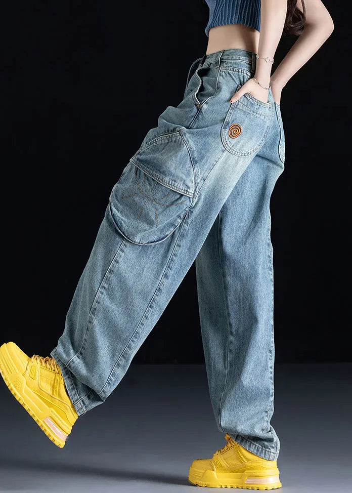 Organic Blue Pockets Patchwork Denim Pants Fall