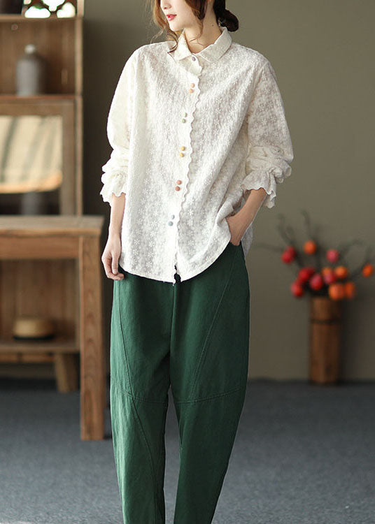 Classy White Peter Pan Collar Embroideried Cotton Shirts Top Long Sleeve