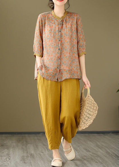 Orange Button Pockets Cotton Two-piece Set Pink Half Sleeve Bracelet Sleeve