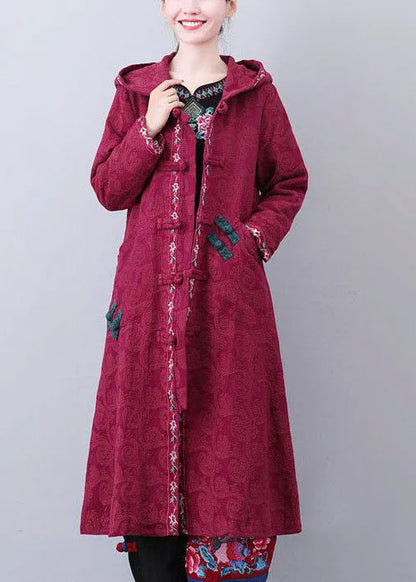 Art Brick Red Hooded Embroideried Jacquard Long Coat Fall