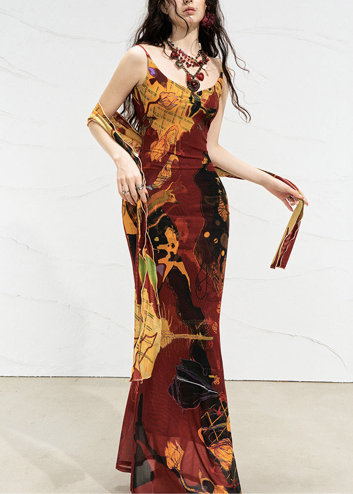 Red O-neck Long Spaghetti Strap Dress Sleeveless