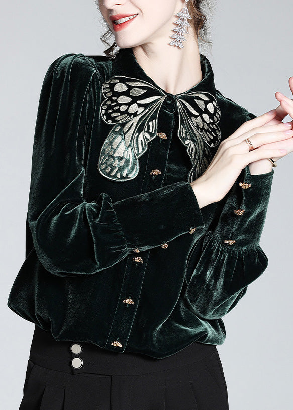 Organic Black Peter Pan Collar Embroideried Butterfly Button Velour Shirts Long Sleeve Fall