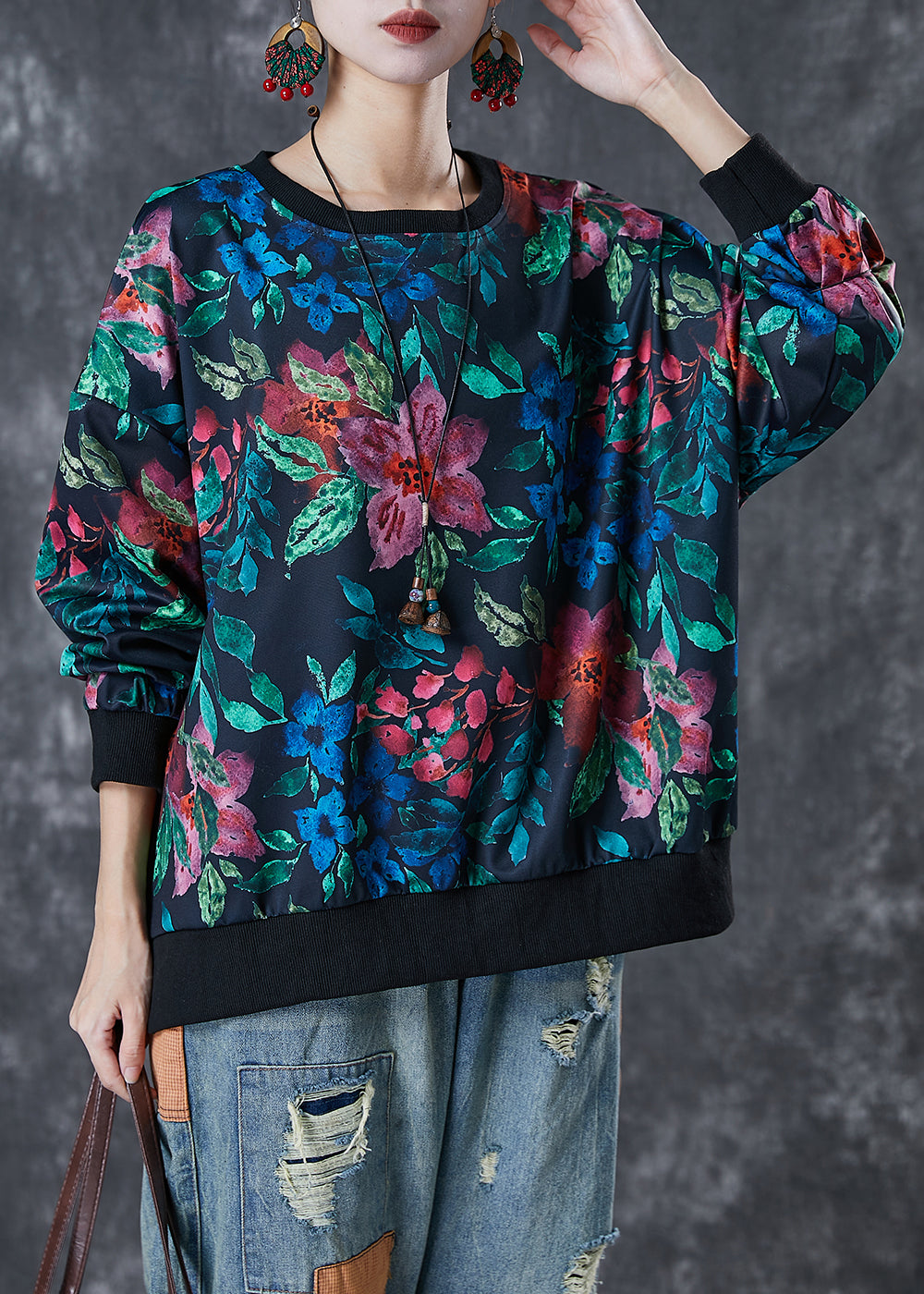 Black Oversized Print Cotton Sweatshirts Top Spring