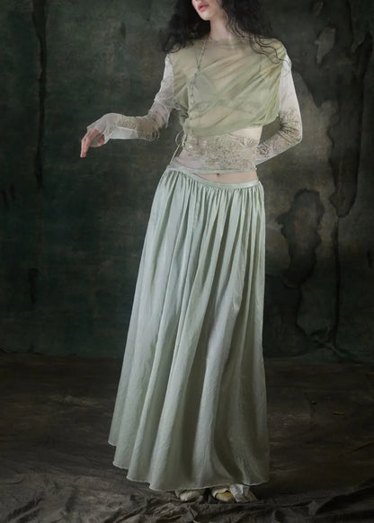 Slim Fit Cyan Tulle Embroidered Patchwork Tulle Top and Maxi Skirts Two Pieces Set Long Sleeve