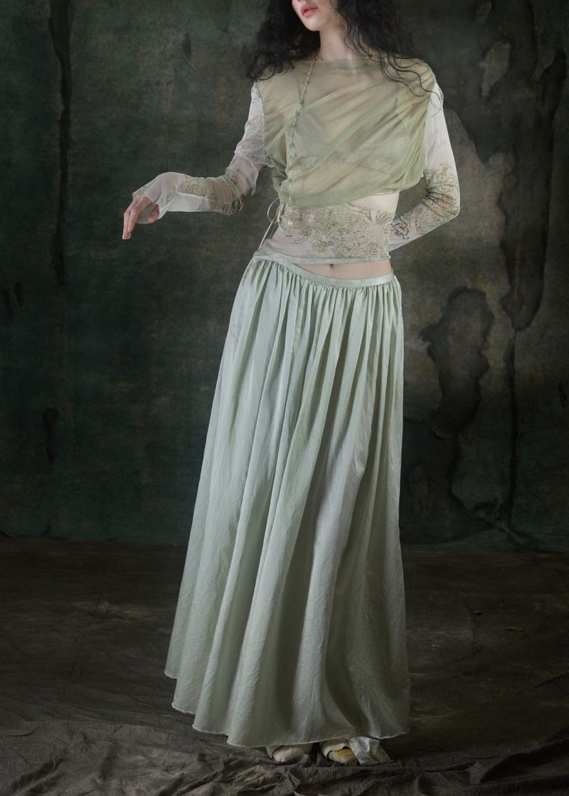 Slim Fit Cyan Tulle Embroidered Patchwork Tulle Top and Maxi Skirts Two Pieces Set Long Sleeve