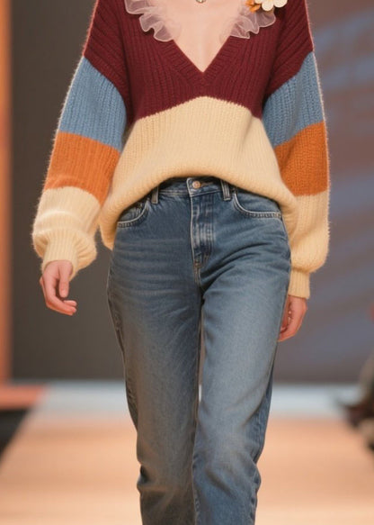 Colorblock V Neck Knit Short Sweater Winter