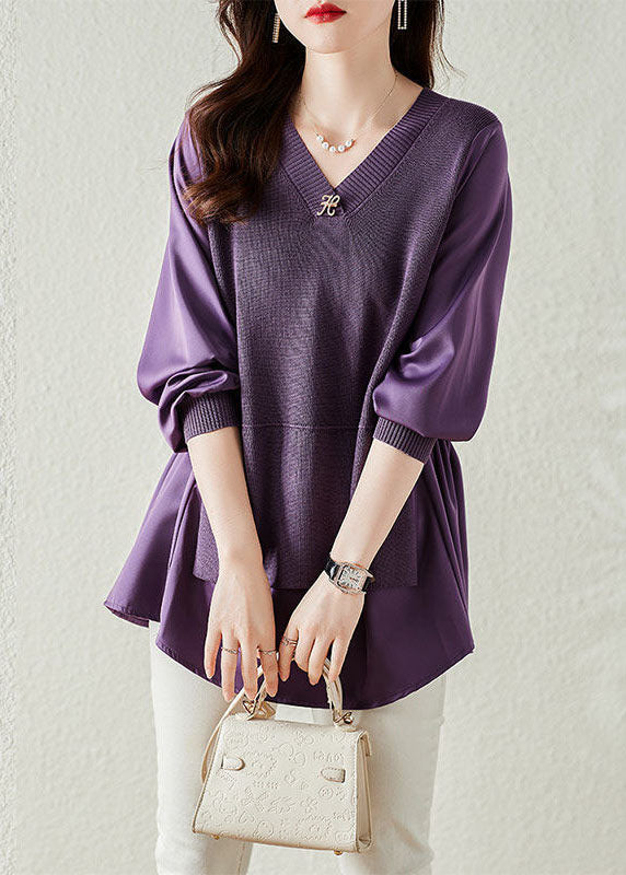Purple V Neck Patchwork Knit Fake Two Piece Top Long Sleeve