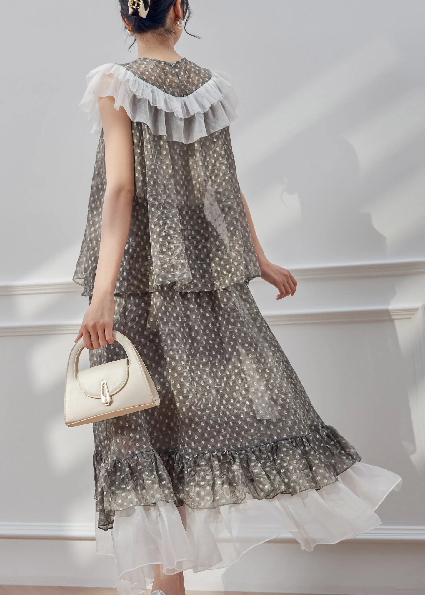 Natural Grey Dot Patchwork Shirt and Maxi Skirts Two Piece Set Summer