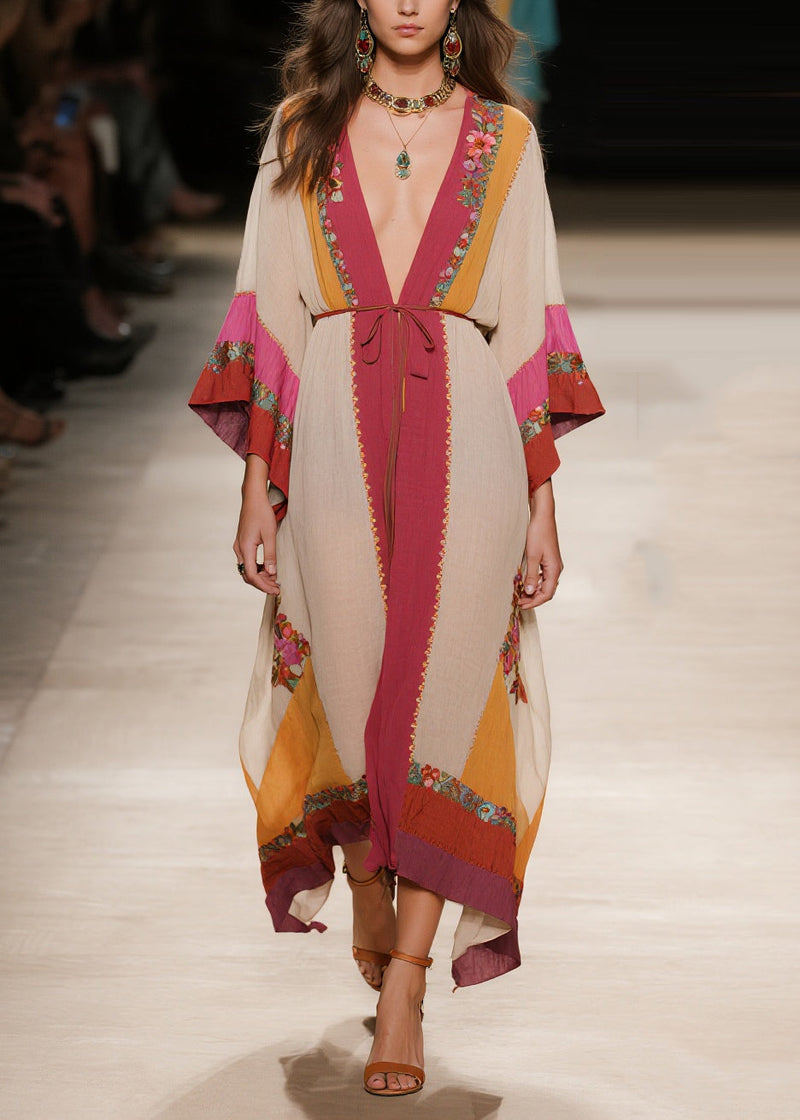 Apricot Tie Waist Print Cotton Robe Dresses Summer