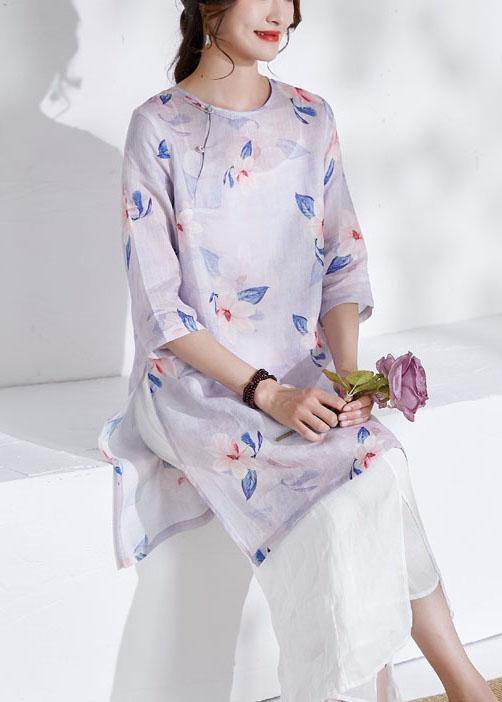 Grey Purple Side Open Print Summer Ramie Shirts Half Sleeve