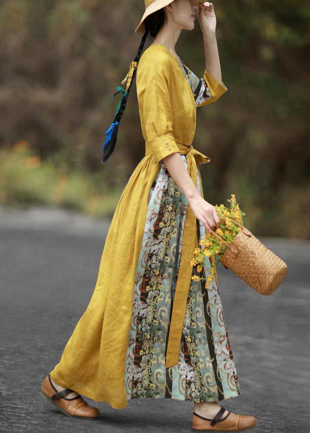 Yellow V Neck Tie Waist Patchwork Cotton Maxi Dresses Half Sleeve