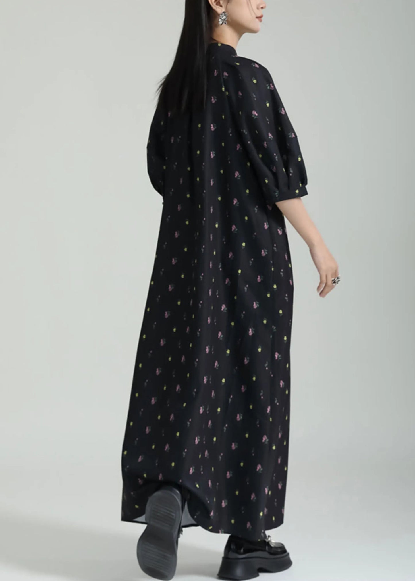 French Black Stand Collar Print Chiffon Shirts Long Dress Summer
