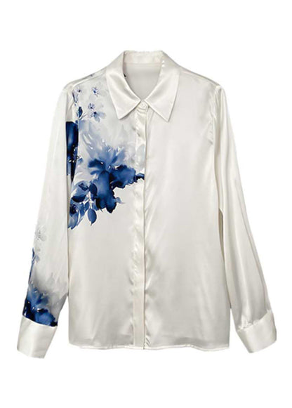 Fine White Peter Pan Collar Print Button Silk Shirt Long Sleeve