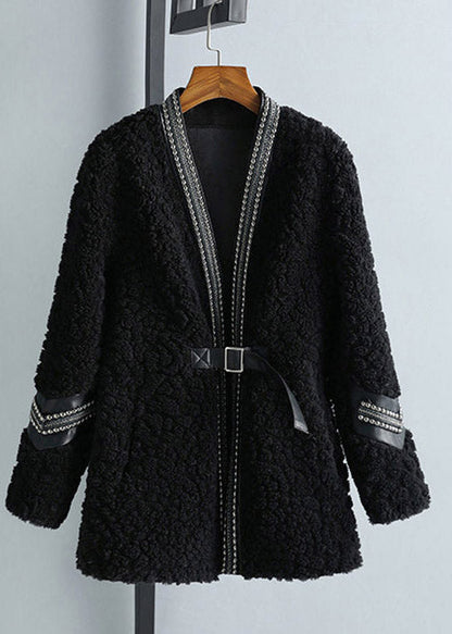 Black V Neck Patchwork Sashes Faux Fur Coat Winter