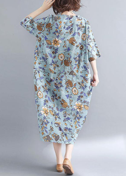 Organic Royal Blue Print O-neck Cotton Linen Robe Dresses Summer