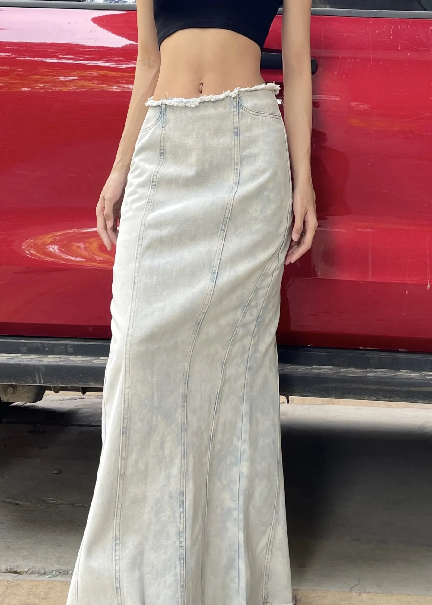 European and American Style Light Blue Denim Maxi Skirts Fall