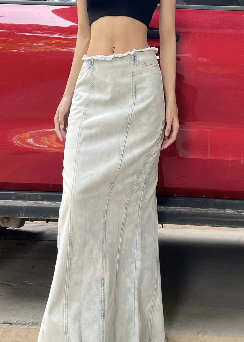 European and American Style Light Blue Denim Maxi Skirts Fall