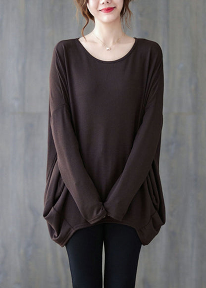 Chocolate O-neck Oversized Cotton Shirt Top Batwing Sleeve