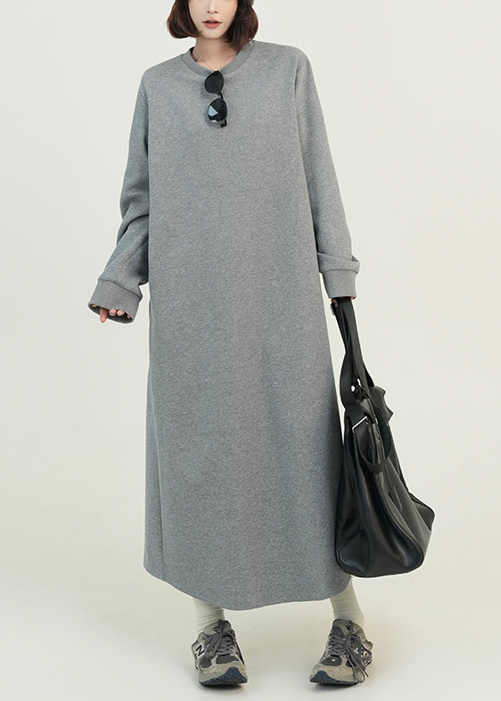 Grey O Neck Loose Cotton Straight Dresses Fall