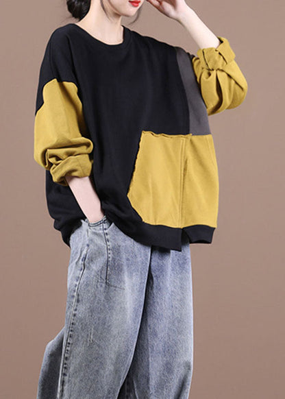 Black Patchwork Yellow Loose Fall Sweatshirt Street Wear