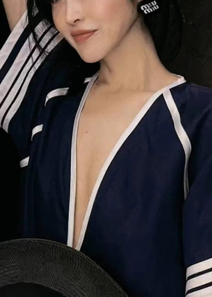 Navy Deep-v Neck Striped Cotton Tanks Summer