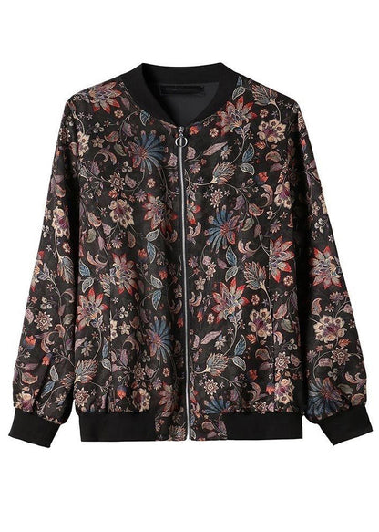 Black O Neck Zip Up Pockets Silk Coats Long Sleeve