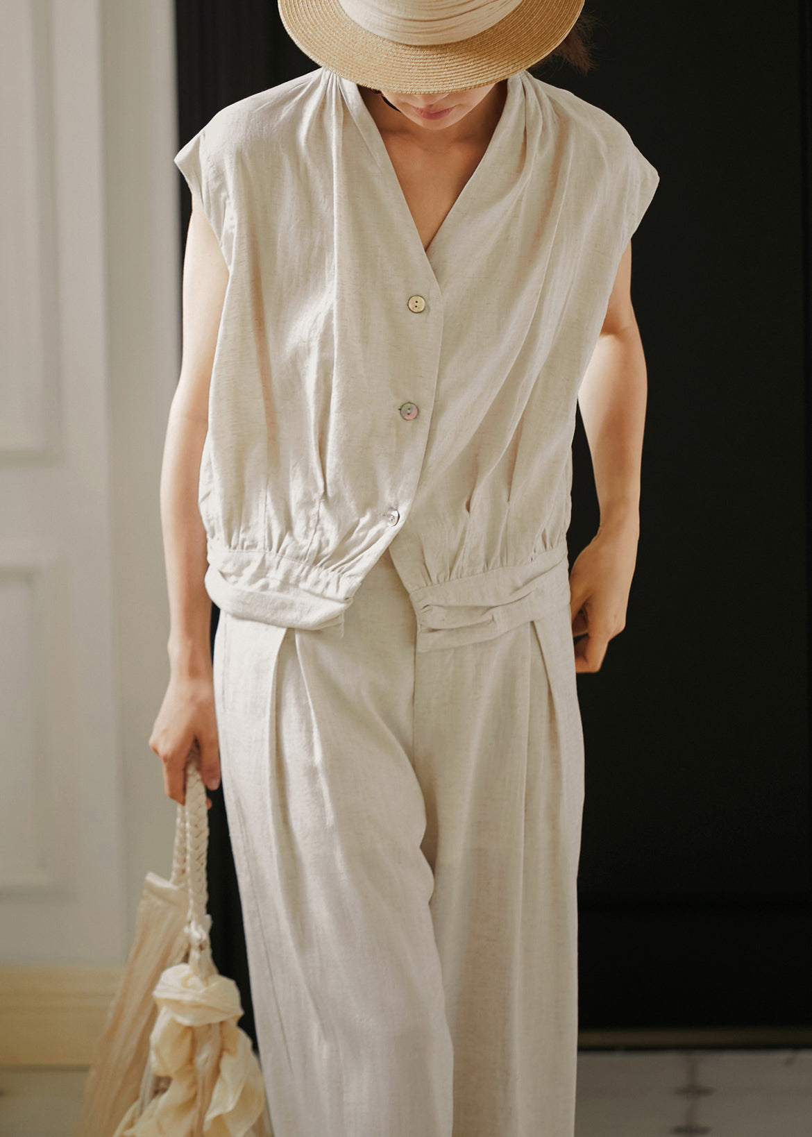 Organic Linen Color V Neck Cotton Two-piece Set Summer
