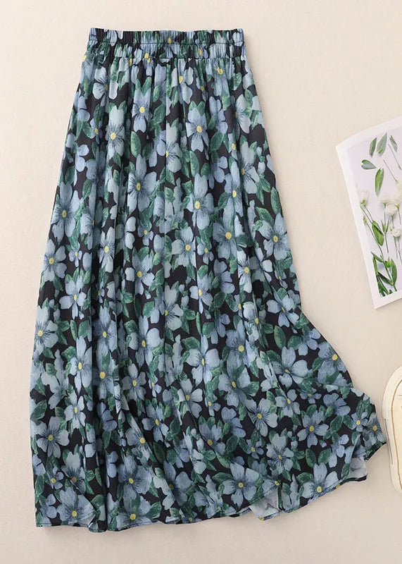 Blue Print Elastic Waist Cotton Skirts Summer