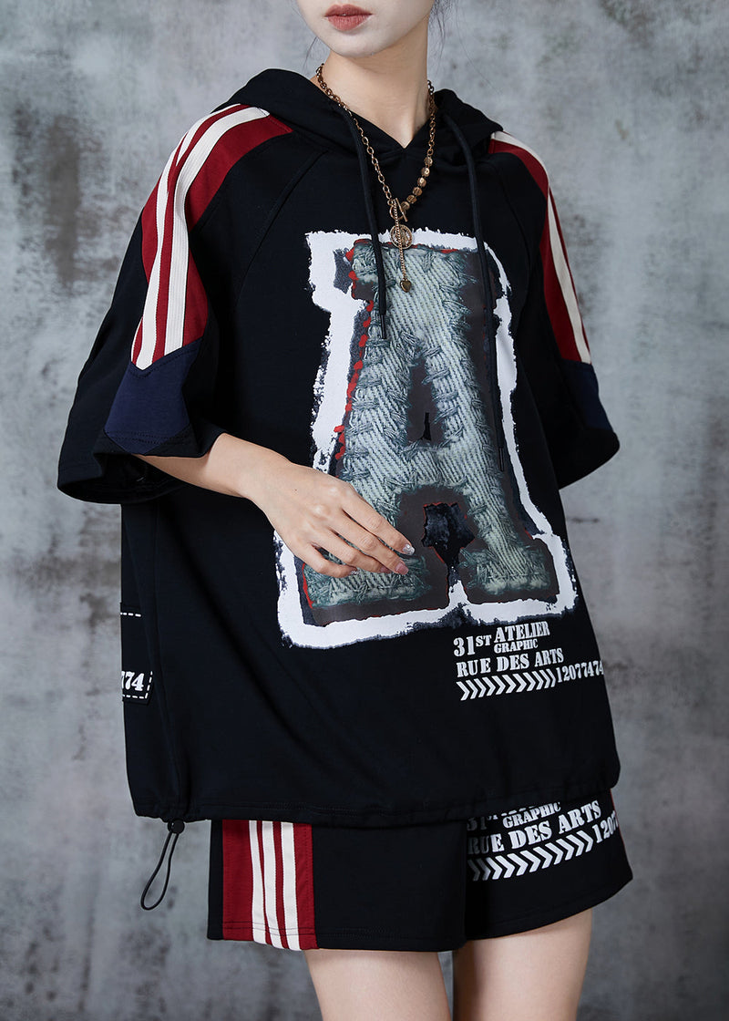 Black Oversized Print Cotton Sweatshirt Two Pieces Set Summer