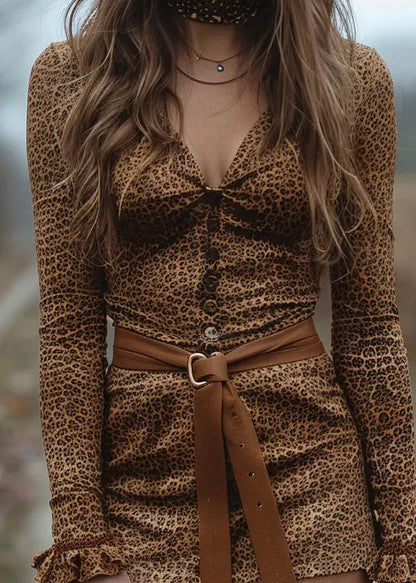 Leopard V Neck Ruffled Cotton Mini Dress Spring