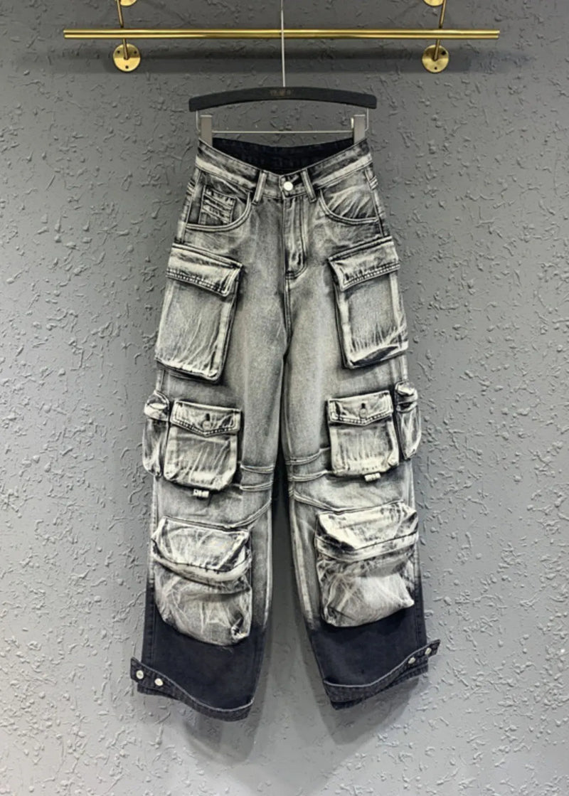 Gradient Color Grey Pockets Patchwork Straight Jeans Spring