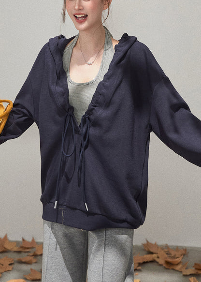 Navy Oversized Cotton Pullover Hooded Drawstring Fall