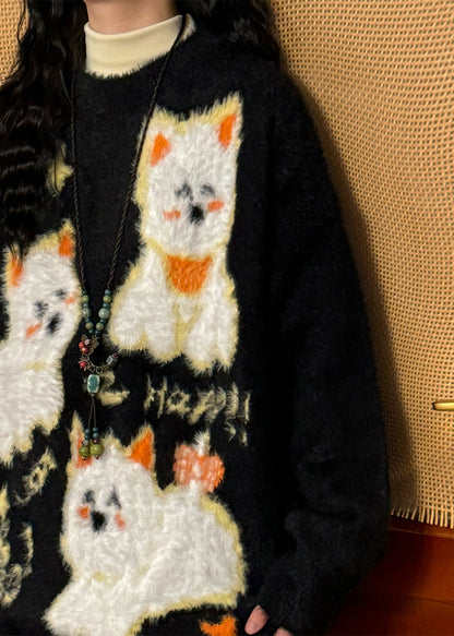 Apricot O-neck Little Dog Cozy Mink Hair Knitted Sweater Winter