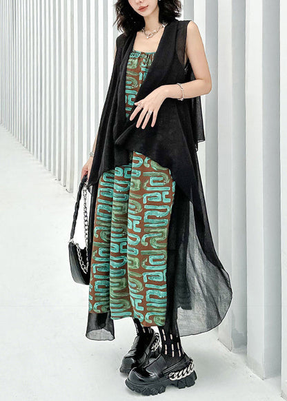 Black Waistcoat and Spaghetti Strap Dress Patchwork Chiffon Two Pieces Set Sleeveless